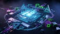 Futuristic Digital Interface with Geometric Shapes and Glowing Data Streams Keywords: technology, futuristic, digital, interface, Royalty Free Stock Photo