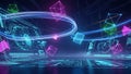 Futuristic Digital Interface with Geometric Shapes and Neon Lights in a Dark Space technology Royalty Free Stock Photo