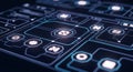 Futuristic digital interface with glowing blue circuit board lines and icons technology Royalty Free Stock Photo