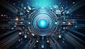 Futuristic digital interface with glowing blue core, intricate circuits, and high tech elements., ai generative Royalty Free Stock Photo