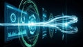 Futuristic digital interface with glowing blue data streams and abstract circular elements technology Royalty Free Stock Photo