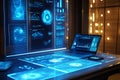 Futuristic digital interface with glowing blue data visualizations on screens and laptop Royalty Free Stock Photo