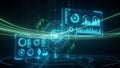 Futuristic Digital Interface with Glowing Blue and Green Data Streams and Graphs technology Royalty Free Stock Photo