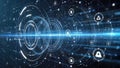 Futuristic digital interface with glowing circles and icons representing technology concepts Royalty Free Stock Photo