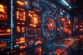 Futuristic digital interface with glowing circuits and data streams in a high-tec Royalty Free Stock Photo