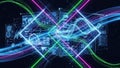 Futuristic digital interface with glowing data streams, charts, and geometric overlays technology Royalty Free Stock Photo