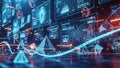 Futuristic digital interface with glowing data streams and geometric shapes on a dark background Royalty Free Stock Photo