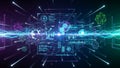 Futuristic digital interface with glowing data streams and geometric shapes emanating light technology Royalty Free Stock Photo