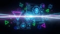 Futuristic digital interface with glowing geometric shapes and data streams on a dark background Royalty Free Stock Photo