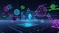 Futuristic digital interface with glowing geometric shapes and data streams in a dark environment Royalty Free Stock Photo