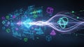 Futuristic digital interface with glowing geometric shapes and data streams technology analytics Royalty Free Stock Photo