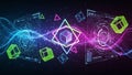Futuristic digital interface with glowing geometric shapes and data streams technology Royalty Free Stock Photo