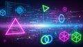 Futuristic digital interface with glowing geometric shapes and data streams technology Royalty Free Stock Photo