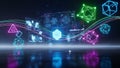 Futuristic digital interface with glowing geometric shapes and data streams technology Royalty Free Stock Photo
