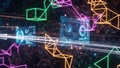 Futuristic digital interface with glowing geometric shapes and data streams technology Royalty Free Stock Photo
