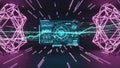 Futuristic digital interface with glowing geometric shapes and data streams technology Royalty Free Stock Photo