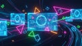 Futuristic digital interface with glowing geometric shapes and data streams technology Royalty Free Stock Photo