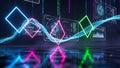 Futuristic digital interface with glowing geometric shapes and data streams technology Royalty Free Stock Photo