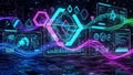 Futuristic Digital Interface with Glowing Geometric Shapes and Data Visualizations on a Circuit Board Background Royalty Free Stock Photo
