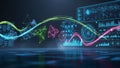 Futuristic digital interface with glowing geometric shapes, data visualizations, and flowing neon light streams on a dark Royalty Free Stock Photo