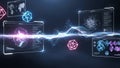 Futuristic digital interface with glowing geometric shapes data visualizations and light waves on a dark background Royalty Free Stock Photo