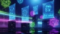 Futuristic digital interface with glowing geometric shapes and data visualizations in a neon city Royalty Free Stock Photo