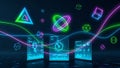 Futuristic Digital Interface with Glowing Geometric Shapes and Data Visualizations technology Royalty Free Stock Photo