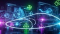 Futuristic digital interface with glowing geometric shapes and data visualizations technology Royalty Free Stock Photo