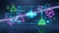 Futuristic digital interface with glowing geometric shapes and data visualizations technology Royalty Free Stock Photo