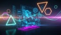 Futuristic digital interface with glowing geometric shapes and data visualizations technology Royalty Free Stock Photo