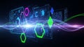 Futuristic Digital Interface with Glowing Hexagons and Data Streams on Dark Background technology Royalty Free Stock Photo