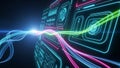 Futuristic digital interface with glowing neon data streams and holographic displays technology Royalty Free Stock Photo