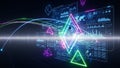 Futuristic digital interface with glowing neon geometric shapes and data charts technology Royalty Free Stock Photo