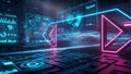 Futuristic digital interface with glowing neon geometric shapes and data visualizations technology Royalty Free Stock Photo
