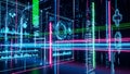 Futuristic digital interface with glowing neon lines and data visualizations in a dark abstract environment Royalty Free Stock Photo
