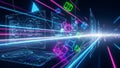 Futuristic digital interface with glowing neon lines, floating cubes, and data streams in a dark, high-tech environment Royalty Free Stock Photo