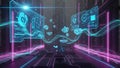 Futuristic digital interface with glowing neon lines and holographic screens displaying data in a dark, high-tech environment Royalty Free Stock Photo