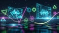 Futuristic digital interface with glowing neon shapes and data streams technology Royalty Free Stock Photo