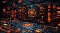 Futuristic Digital Interface with Glowing Orange Elements and Data Visualization Concepts Royalty Free Stock Photo