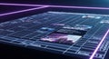Futuristic digital interface with glowing purple grid pattern and neon lines in dark abstract technology background Royalty Free Stock Photo