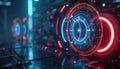 Futuristic digital interface with glowing red, blue concentric circles, circuits. Abstract tech background conveys advanced Royalty Free Stock Photo