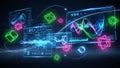 Futuristic digital interface with glowing waveforms, geometric shapes, and data charts floating in space Royalty Free Stock Photo