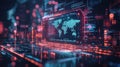 Futuristic digital interface with glowing world map and data visualization. Generative AI