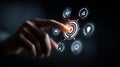 Futuristic digital interface with hand interacting, technology concept with glowing icons and dark background for innovation and Royalty Free Stock Photo