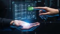 Futuristic digital interface with hands interacting with data and approve button technology Royalty Free Stock Photo