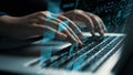 Futuristic Digital Interface with Hands Typing on Laptop Keyboard, Data Analysis and Artificial Intelligence Concept Royalty Free Stock Photo
