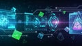 Futuristic digital interface with holographic projections of geometric shapes and data visualizations Royalty Free Stock Photo