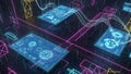 Futuristic digital interface with holographic screens and neon data streams Keywords: futuristic interface, digital display, Royalty Free Stock Photo