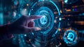 Futuristic Digital Interface with Human Hand Interacting with Virtual Technology Screen Royalty Free Stock Photo