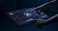 Futuristic Digital Interface with Human Hands Interacting with Data Analytics Royalty Free Stock Photo
